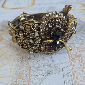 Gold-Tone Owl Cuff Bracelet with Amber and Black Stones